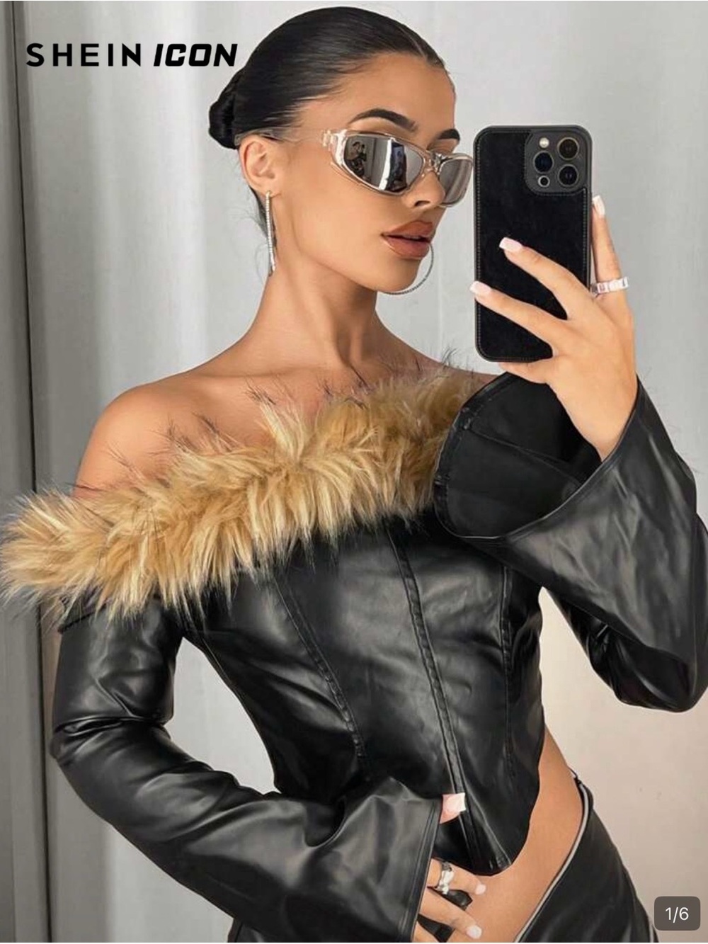 Black Faux Leather Off-Shoulder Jacket with Tan Fur Trim